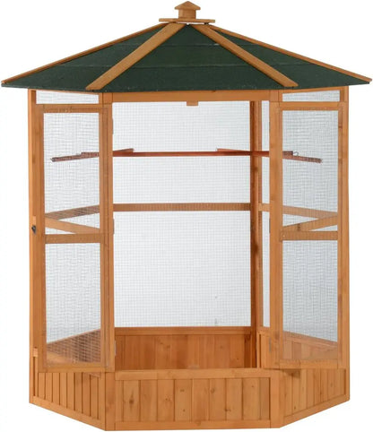 Hexagonal Wooden Outdoor Aviary Bird Cage with Covered Roof  Large