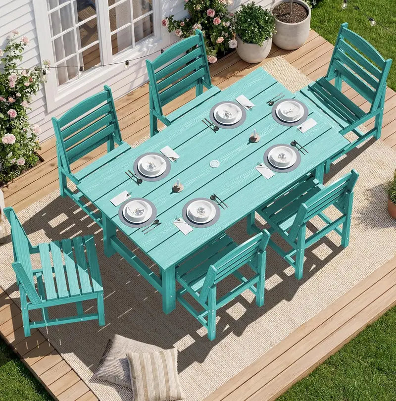 SERWALL 7-Piece Blue HDPE Outdoor Dining Set with Umbrella Hole and Stackable Chairs