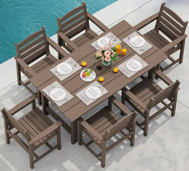 7-Piece HDPE Patio Dining Set  All-Weather Outdoor Table & Chairs with Umbrella Hole for Lawn, Poolside or Garden (Aruba Style)