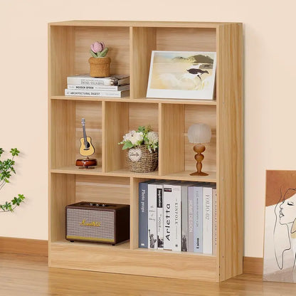 LEYAOYAO Natural Wood 7-Cube Bookshelf  Modern Open-Back Storage Unit with Solid Legs