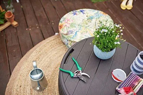 Keter Circa 37-Gallon Round Deck Box  Weather-Resistant Patio Storage Table in Brown Finish