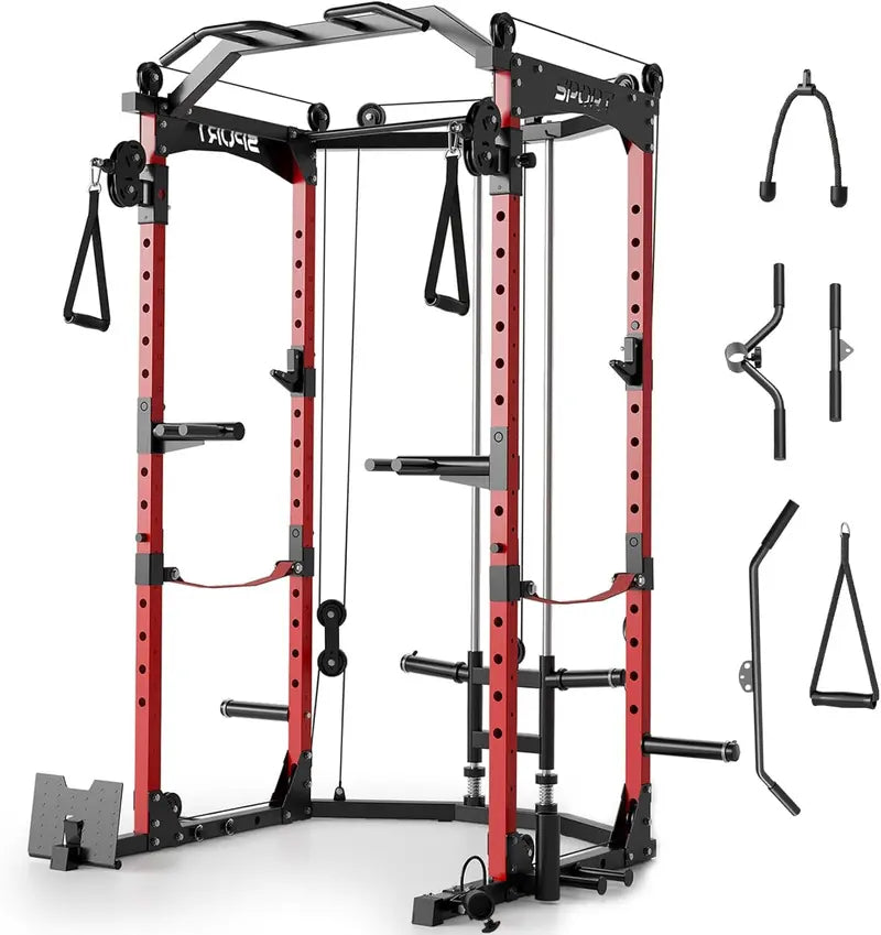 Heavy-Duty Power Cage  2000-LB Adjustable Strength Rack with Dual Cable Pulley System & Multi-Attachment Fitness Station