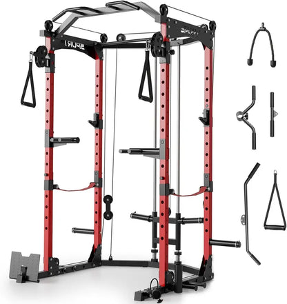 Heavy-Duty Power Cage  2000-LB Adjustable Strength Rack with Dual Cable Pulley System & Multi-Attachment Fitness Station