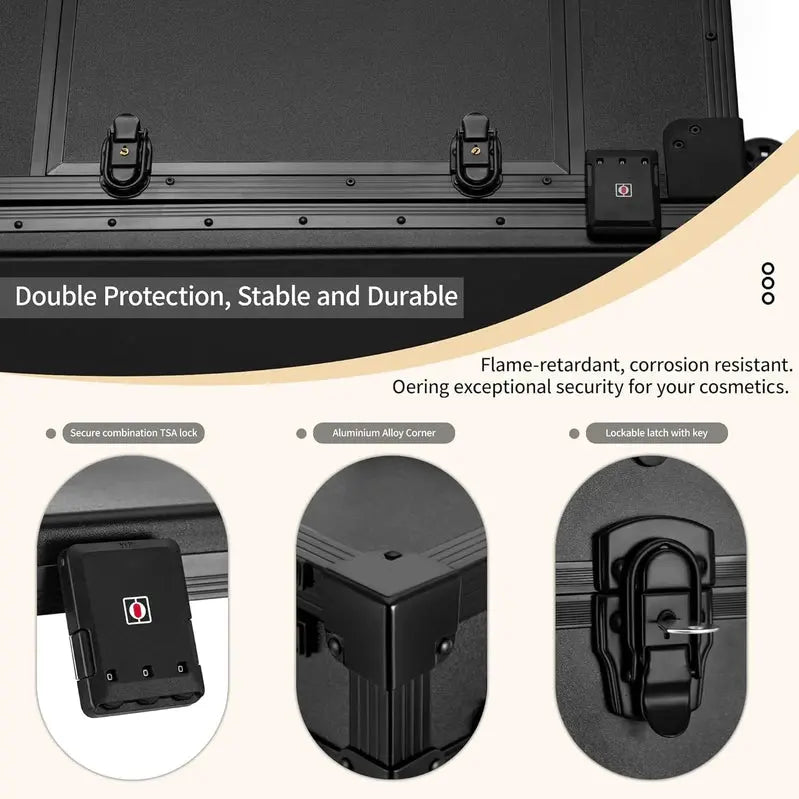Rolling Manicure Station  LED Mirror, Built-in Bluetooth Speaker, Secure TSA Lock, and Storage Drawers