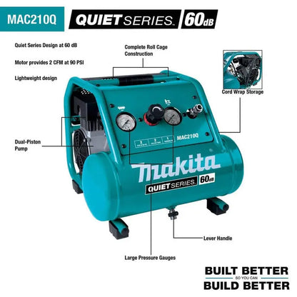 Makita Quiet Series 2 Gal. 1 HP Oil-Free Electric Air Compressor MAC210Q