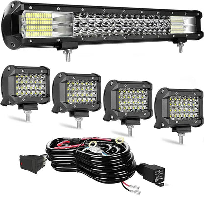 20-Inch Triple-Row LED Light Bar + 4x 72W LED Pods  Waterproof Spot/Flood Combo for Off-Road Vehicles & Equipment