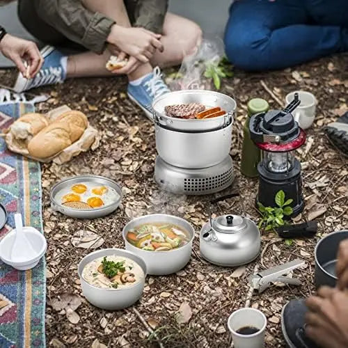 Portable Aluminum Camping Stove Set with Pots, Plates, Kettle & Accessories  Lightweight & Compact for Outdoor Use