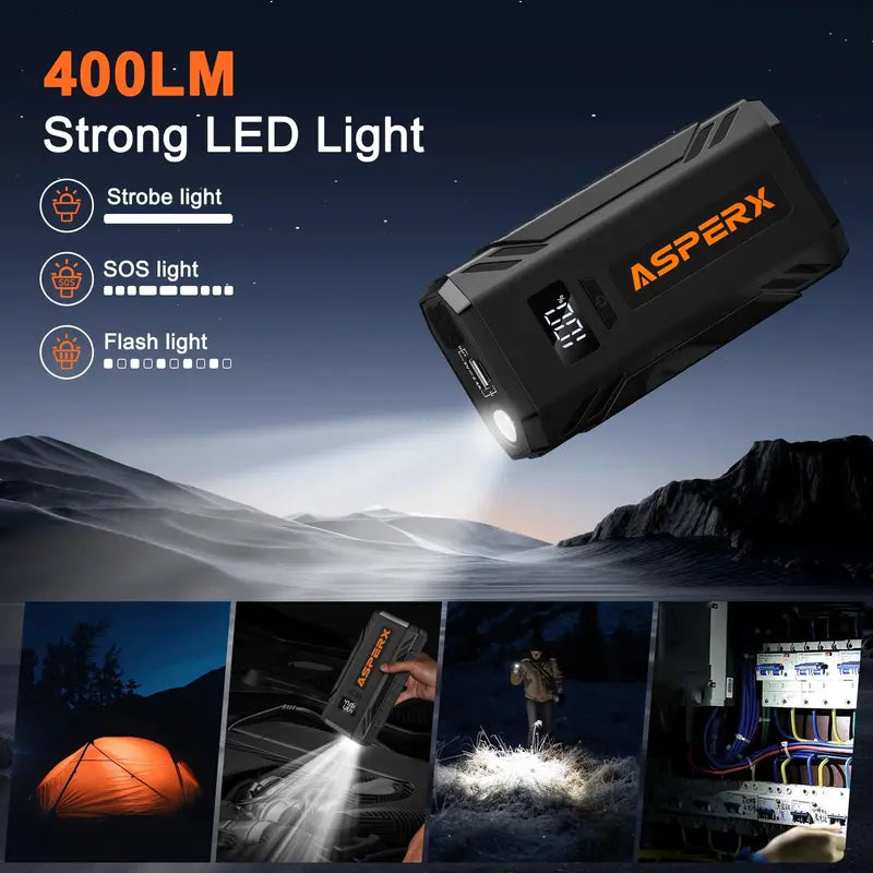ASPERX AX2000 2000A Peak Car Jump Starter for 8.0L Gas/6.5L Diesel  12V Battery Booster with LED Light & Power Bank