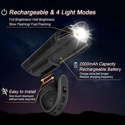 Ascher Ultra-Bright USB Rechargeable 4-Mode Bike Light Set  Powerful Front & Rear Lights for Cycling