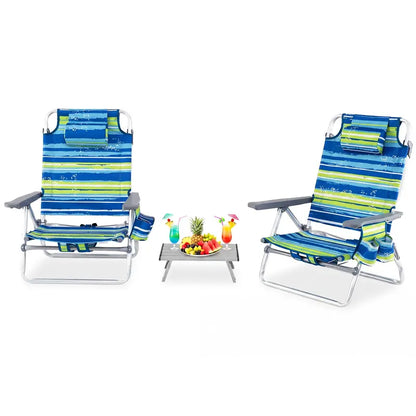 Adjustable Folding Beach Chair for Adults  5-Position Recline, Head Pillow & Integrated Cooler Bag
