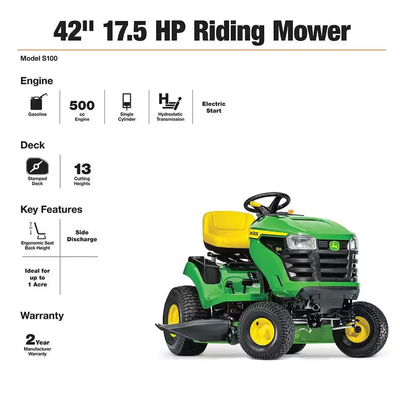 John Deere S100 42″ Gas-Powered Riding Lawn Mower  17.5 HP V-Twin Engine, Hydrostatic Transmission