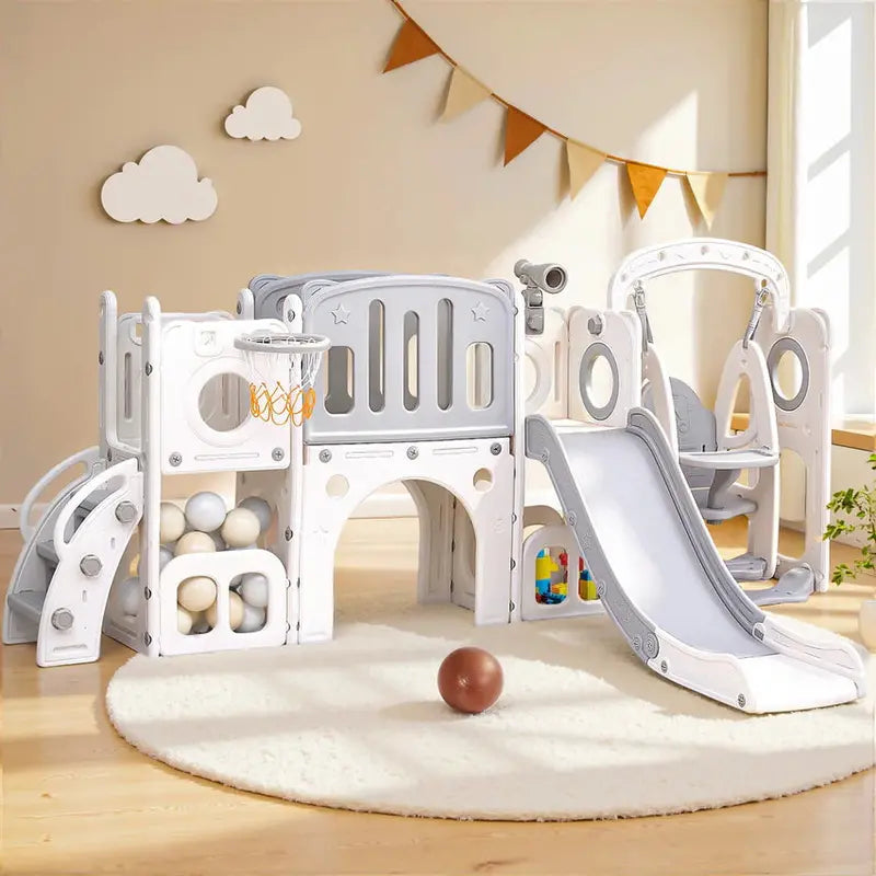 Keezi Multi-Sport Outdoor Play Set: Slide, Swing, Basketball Hoop, and Football Ring