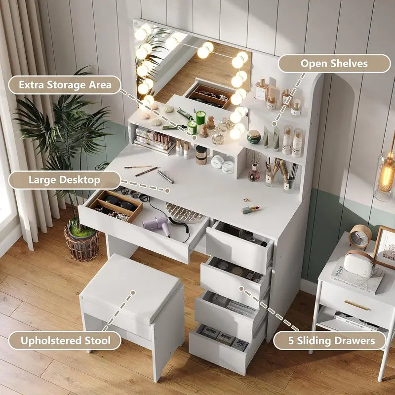 Furniouse Lighted Vanity Mirror Set with 5-Drawer Storage Table  Modern Makeup Station