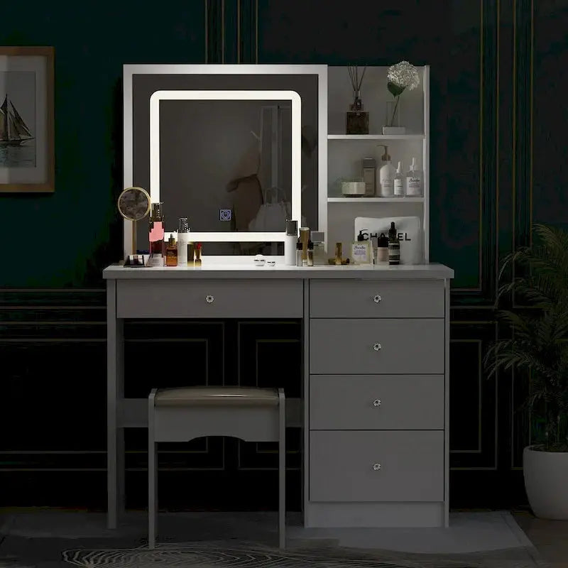 LED Vanity Desk Set  White Makeup Station with Illuminated Mirror and Matching Stool (39.4″ Wide)