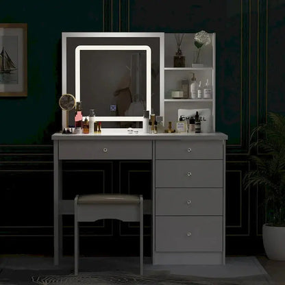 LED Vanity Desk Set  White Makeup Station with Illuminated Mirror and Matching Stool (39.4″ Wide)