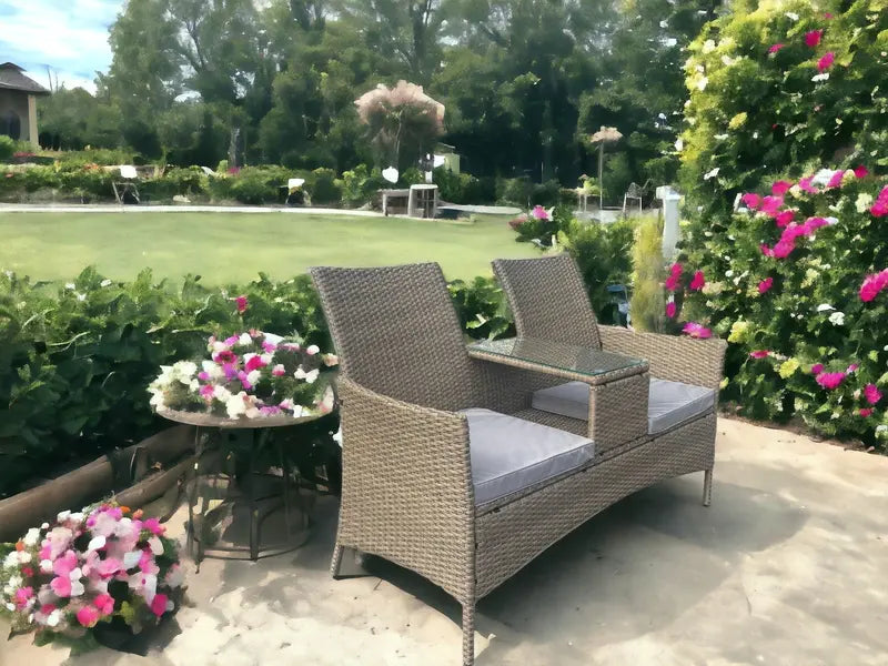 Woven Rattan Love Seat Bench with Weather-Resistant Cushions