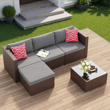 Aiho 5-Piece All-Weather PE Rattan Patio Sectional Set with Glass Table & Cushions