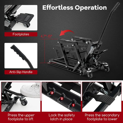 Heavy-Duty Hydraulic Motorcycle Lift  1500 LB Capacity with Footplates & Extended Handle