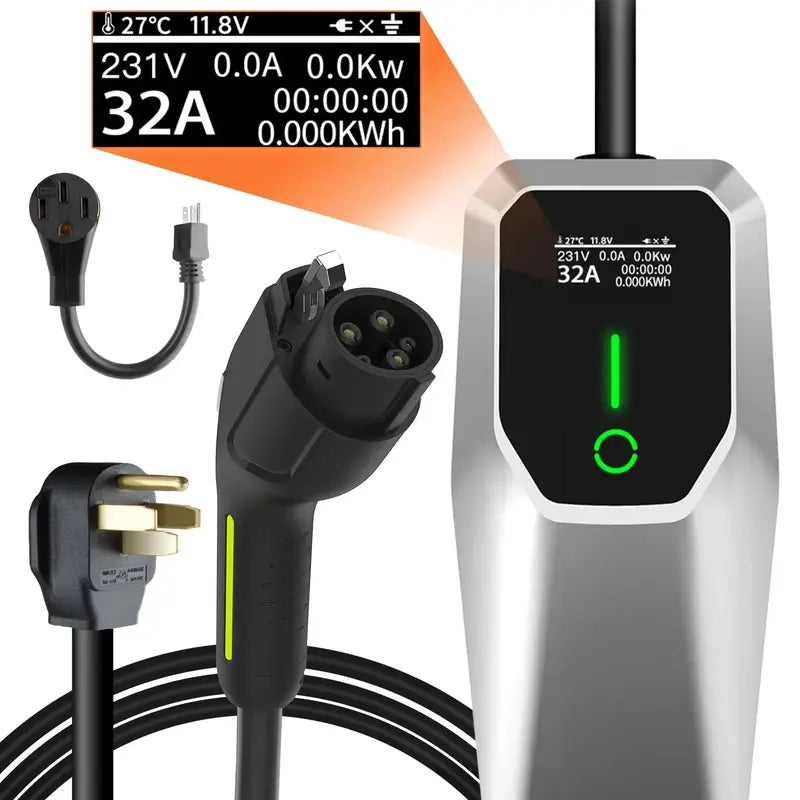 Portable 32A EV Charger for Home Use  NEMA 14-50 Plug, 26-Foot Cable, Supports Level 1 & Level 2 Charging (7.68 kW)