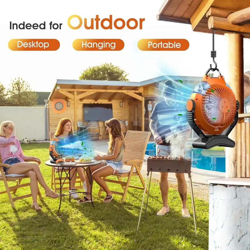 JYew Portable Misting Fan  Rechargeable 10,000mAh Battery-Powered Cooling Fan with Hook Mount & USB Charging for Outdoor Use