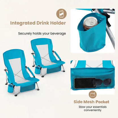 Set of Two Lightweight Folding Beach Chairs  Low-Profile Portable Camp Seating for Adults