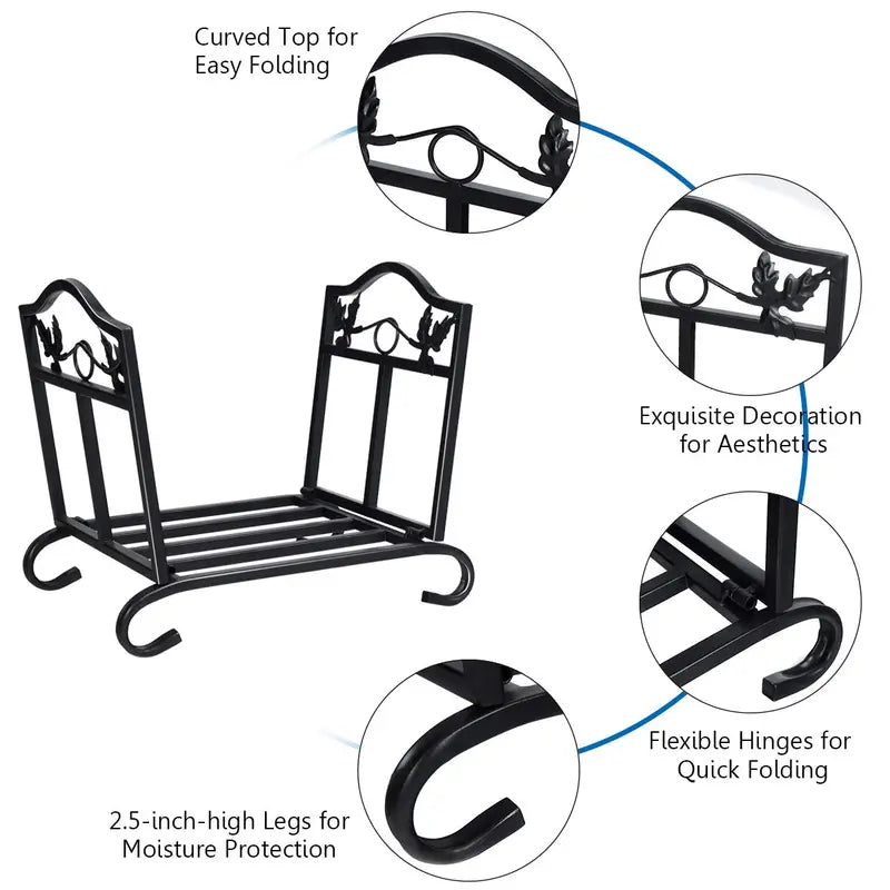 Collapsible Wrought Iron Firewood Rack for Indoor or Outdoor Storage