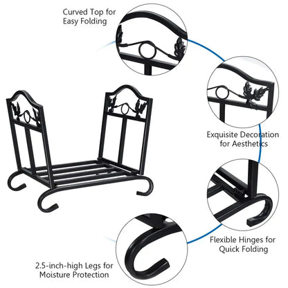 Collapsible Wrought Iron Firewood Rack for Indoor or Outdoor Storage