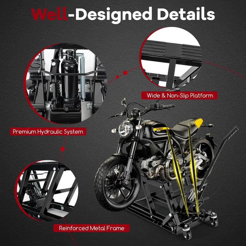 Heavy-Duty Hydraulic Motorcycle Lift  1500 LB Capacity with Footplates & Extended Handle