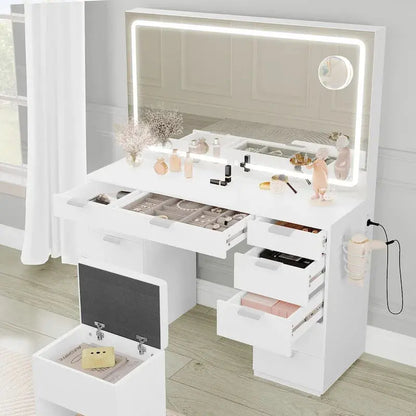Moasis Illuminated Vanity Cabinet — 46-Inch LED Mirror, Built-in Outlet, Hair Dryer Rack, and Slim Profile