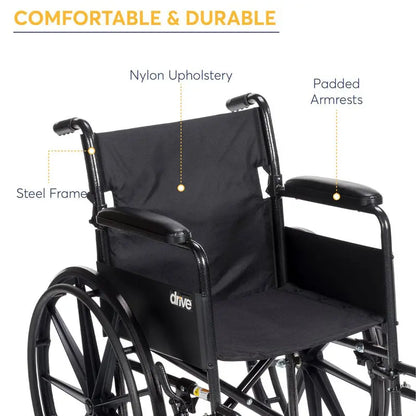 Drive Medical Silver Sport 1 Lightweight Manual Wheelchair with Full-Length Arms and Swing-Away Removable Footrests