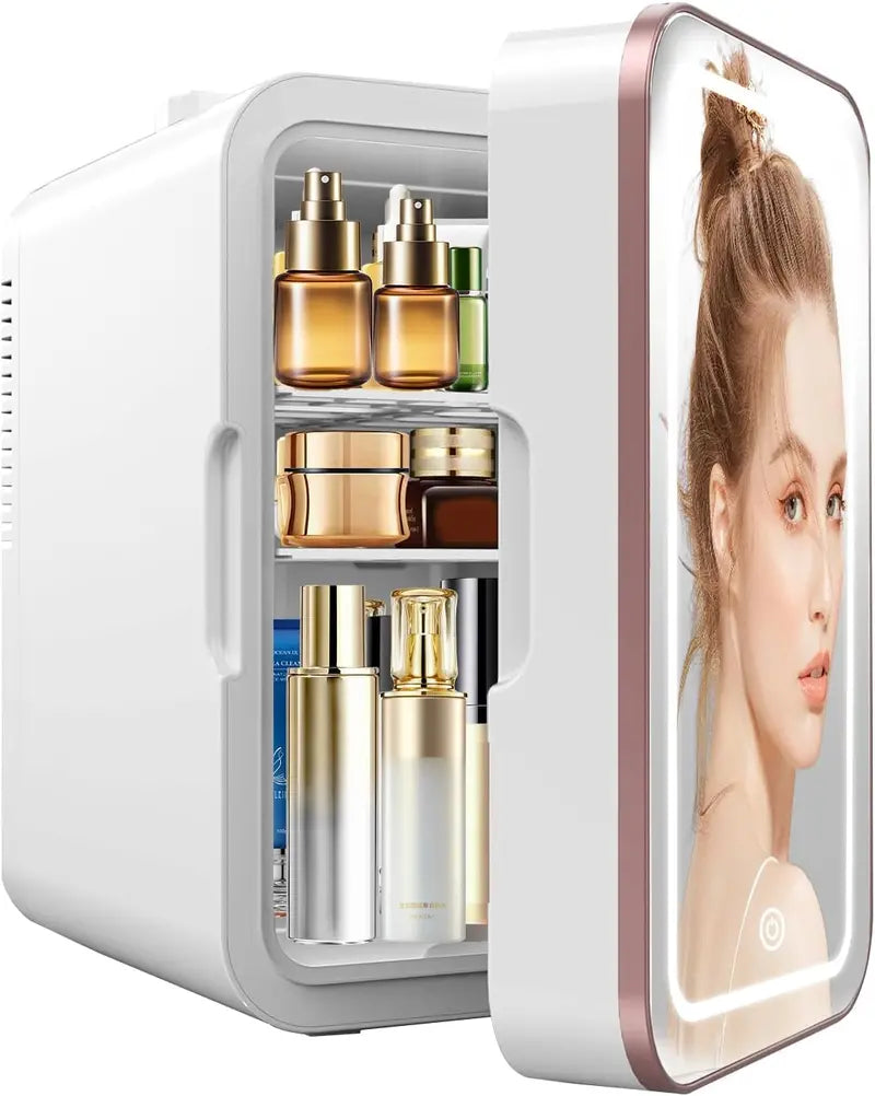 6L Skincare Mini Fridge with Dimmable LED Mirror  Compact Dual-Zone Cooler & Warmer for Cosmetics, Bedroom, or Office
