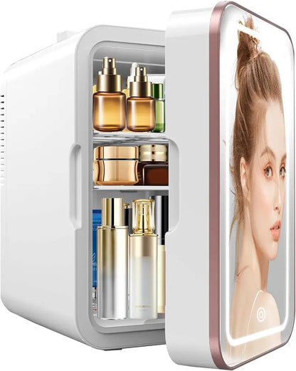 6L Skincare Mini Fridge with Dimmable LED Mirror  Compact Dual-Zone Cooler & Warmer for Cosmetics, Bedroom, or Office
