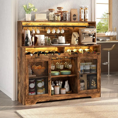 LED-Lit Wine & Liquor Bar Cabinet  Glass Shelving, Coffee Station Design, Integrated Lighting