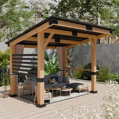 10×12 FT Cedar Hardtop Gazebo  All-Season Wooden Outdoor Structure with Metal Roof, Back Curtains & Weather-Resistant Finish