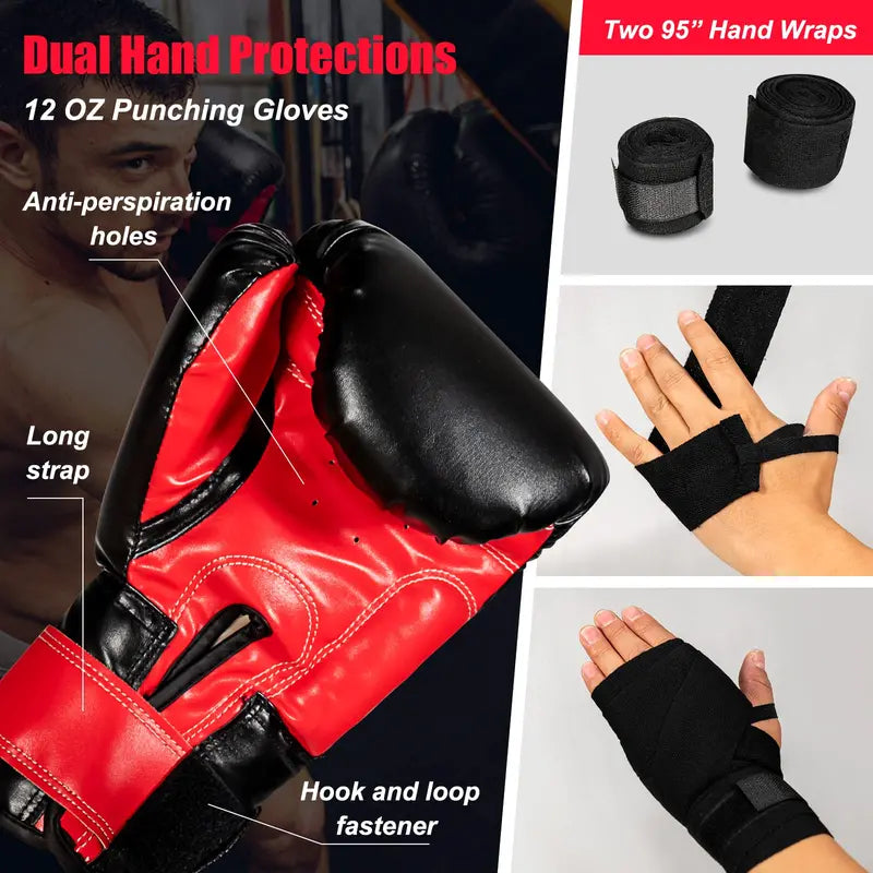 Premium Adult Punching Bag Kit  63 lb Filled Hanging Bag with Boxing Gloves & Hand Wraps