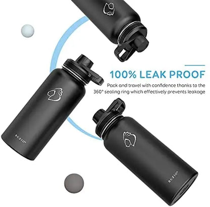 BUZIO 64oz Vacuum Insulated Stainless Steel Water Bottle with Straw & Spout Lids, Leak-Proof, Keeps Drinks Cold 48H/Hot 24H