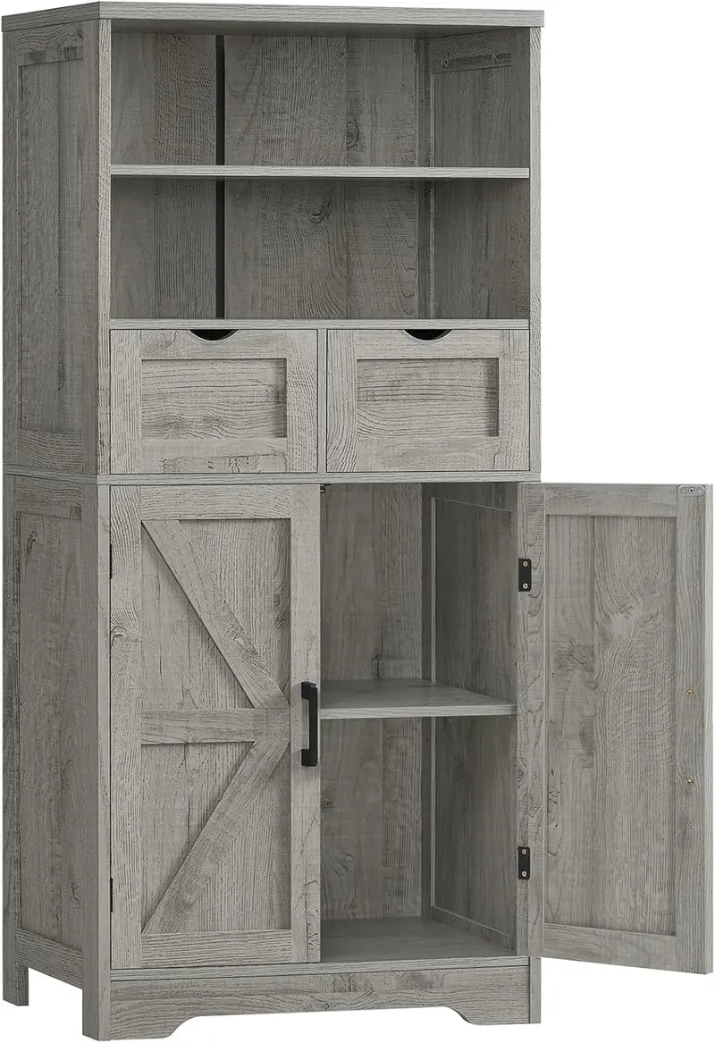 White Farmhouse Storage Cabinet  Two-Drawer Pantry or Bathroom Hutch with Adjustable Interior Shelving