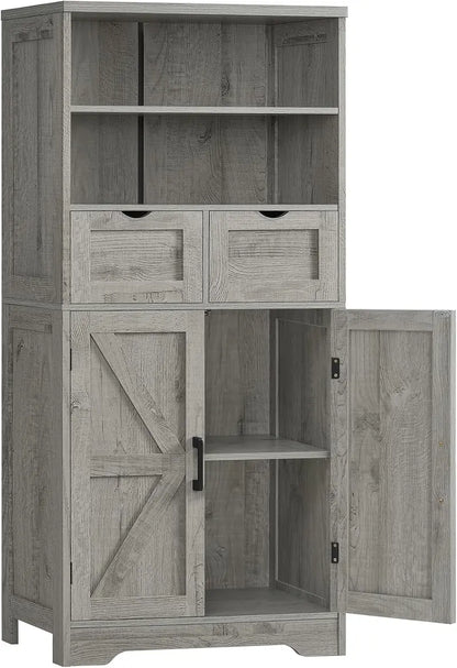 White Farmhouse Storage Cabinet  Two-Drawer Pantry or Bathroom Hutch with Adjustable Interior Shelving