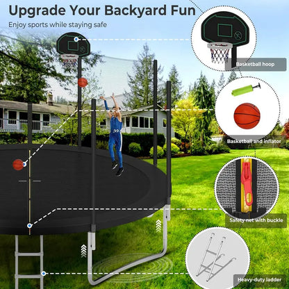 16-Foot Upgraded Trampoline with Enclosure Net and Adjustable Basketball Hoop