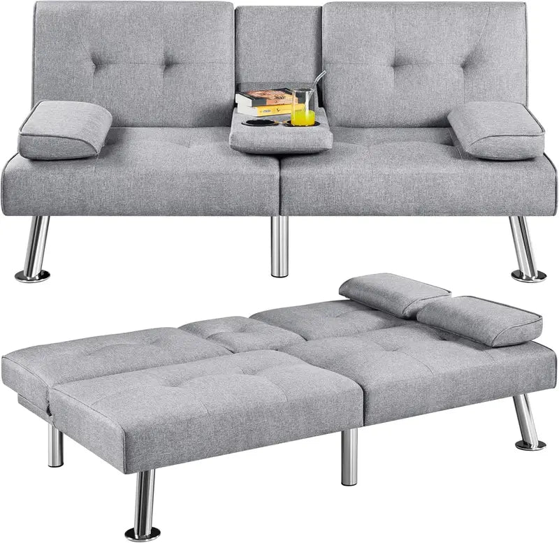 Yaheetech Faux Leather Convertible Sofa Bed  Reversible Loveseat with Removable Arms & 3-Position Recline