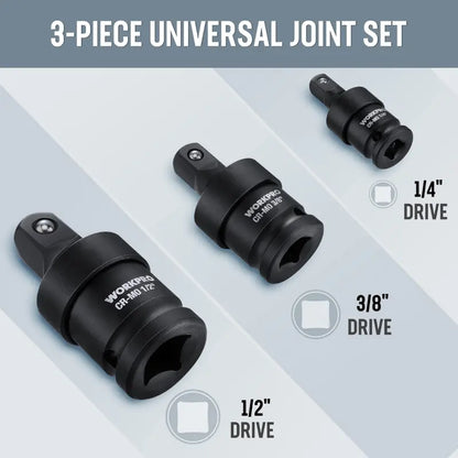 WORKPRO 3-Piece 1/4″ Drive Impact Universal Joint Set: 1/2″ & 3/8″ Swivel Sockets