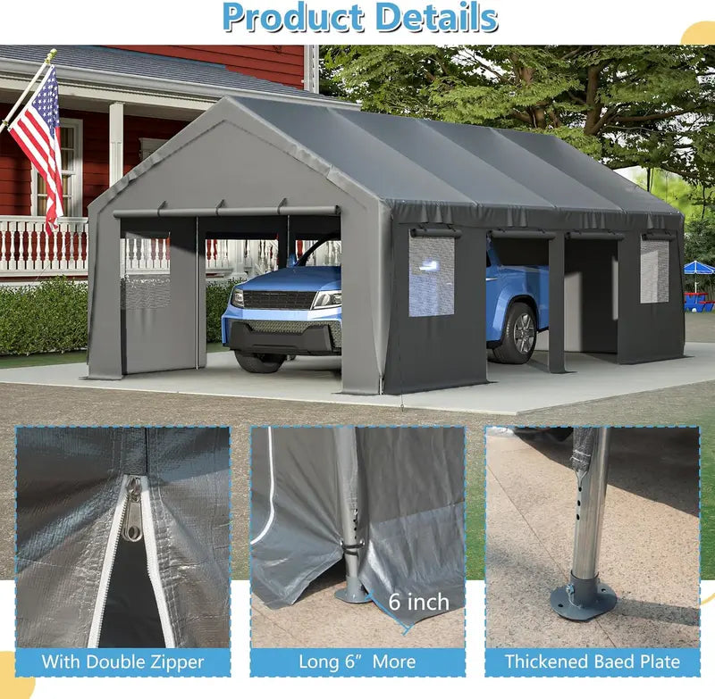 Thanaddo Reinforced Carport with Roll-Up Side Panels and Ventilated Windows