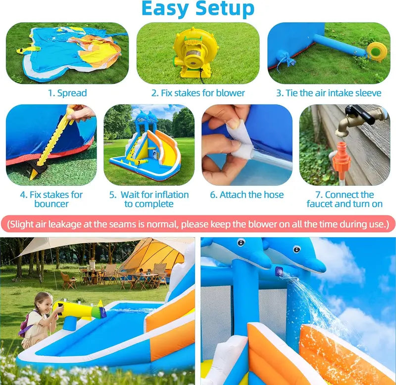 5-in-1 Inflatable Dolphin Water Play Center  Bounce House, Climbing Wall, Splash Pool, Water Cannon & Basketball Hoop for Backyard Fun