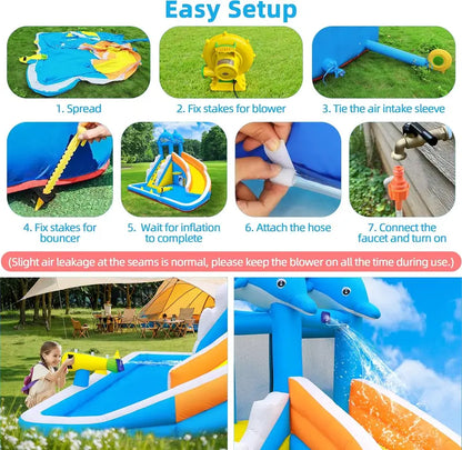 5-in-1 Inflatable Dolphin Water Play Center  Bounce House, Climbing Wall, Splash Pool, Water Cannon & Basketball Hoop for Backyard Fun