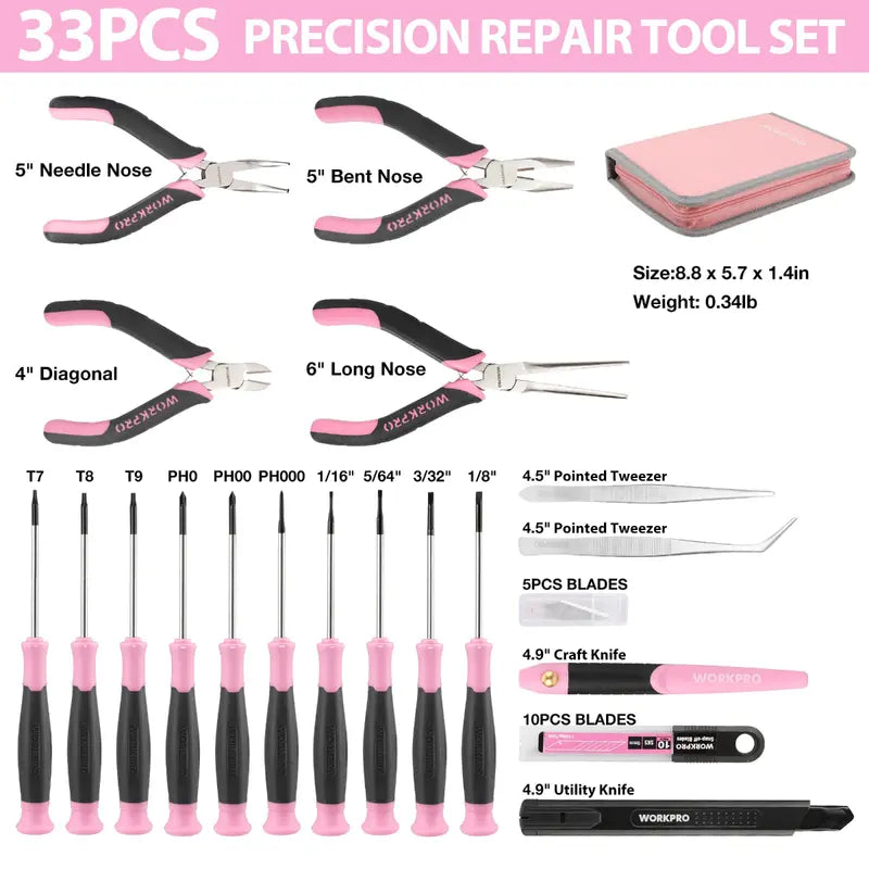 WORKPRO 33-Piece Precision Repair Tool Kit with Pliers  Pink Ribbon Edition
