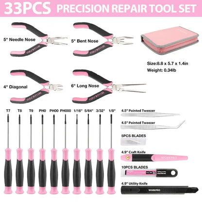 WORKPRO 33-Piece Precision Repair Tool Kit with Pliers  Pink Ribbon Edition