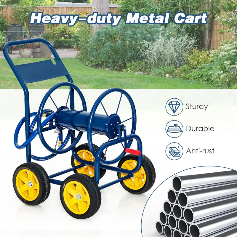 Heavy-Duty Garden Hose Reel Cart with Non-Slip Crank & 4 Solid Wheels