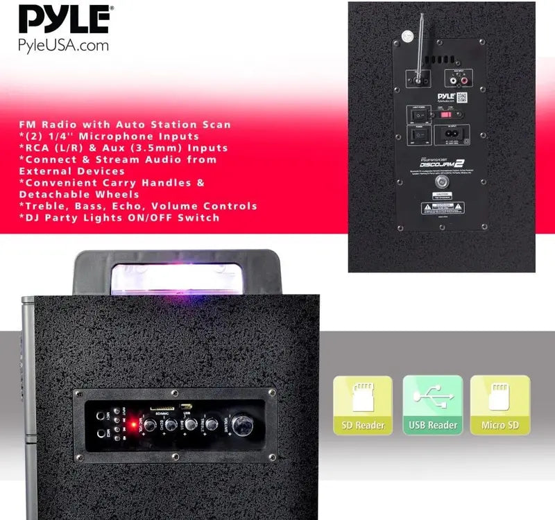 2000W Portable Bluetooth PA Speaker System  Outdoor Sound Amplifier with Mic Input, Party Lights, USB/SD/FM/AUX Support & Rolling Wheels