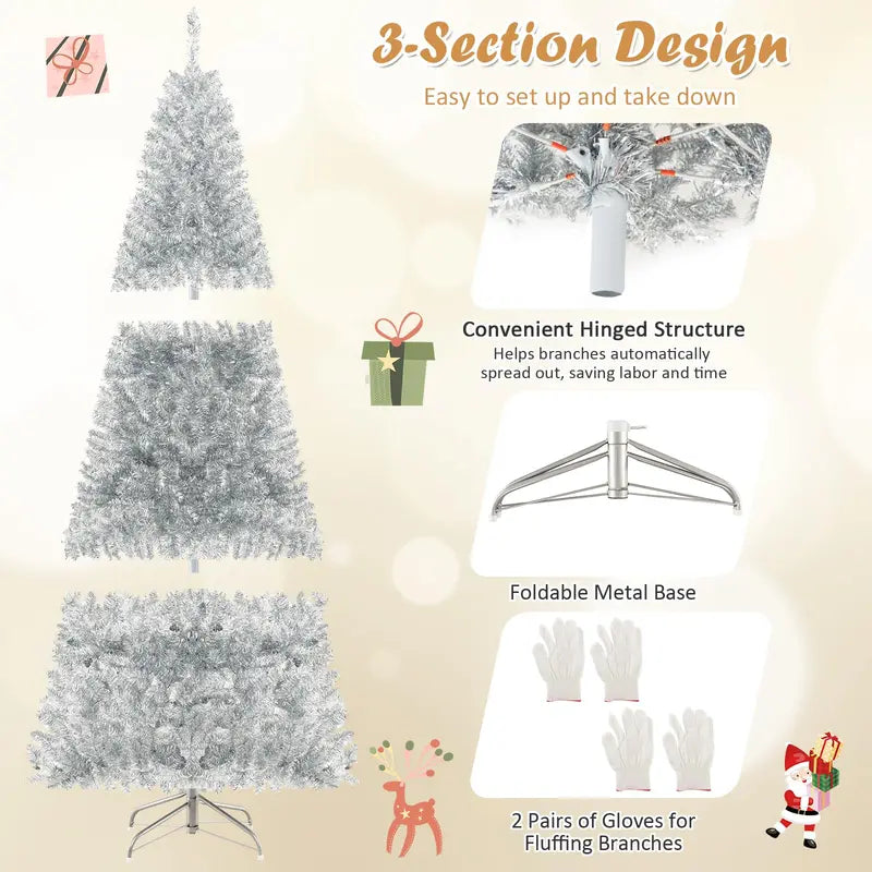 6-Foot Silver Pencil Christmas Tree  Electroplated Tinsel Finish with Pre-Installed Lights