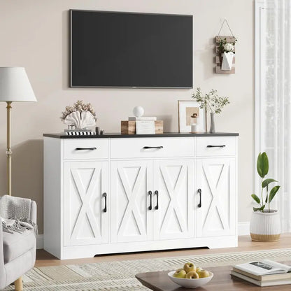 HOSTACK Modern Farmhouse Buffet Cabinet  55-Inch Wooden Sideboard with Drawers, Shelves & Doors for Coffee Bar or Dining Room Storage